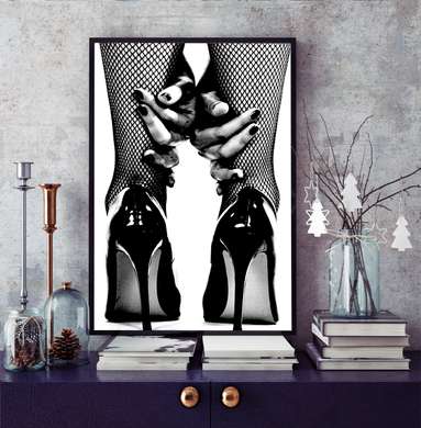 Постер - Черные каблуки, 30 x 90 см, Холст на подрамнике, Черно Белые