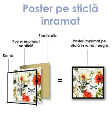 Poster - Compoziție strălucitoare de flori și fluturi, 100 x 100 см, Poster inramat pe sticla