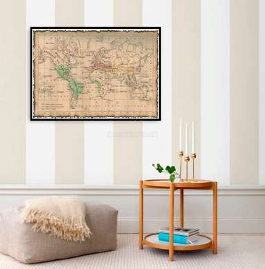 Poster - Harta lumii în stil vechi, 90 x 60 см, Poster inramat pe sticla, Orașe și Hărți