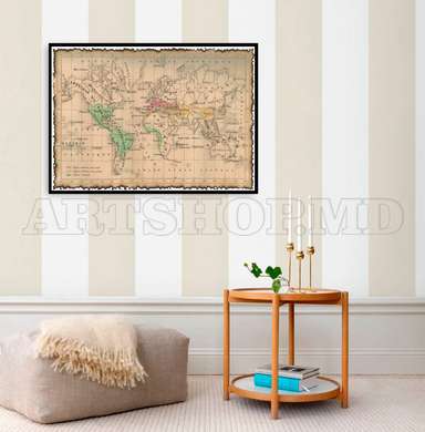 Poster - Harta lumii în stil vechi, 45 x 30 см, Panza pe cadru, Orașe și Hărți