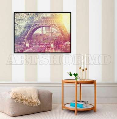 Poster - Eiffel Tower at dawn, 90 x 60 см, Framed poster on glass, Maps and Cities