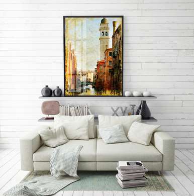 Poster - Beautiful old city, 45 x 90 см, Framed poster on glass, Vintage