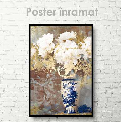 Poster - White peonies in a blue vase, 30 x 45 см, Canvas on frame
