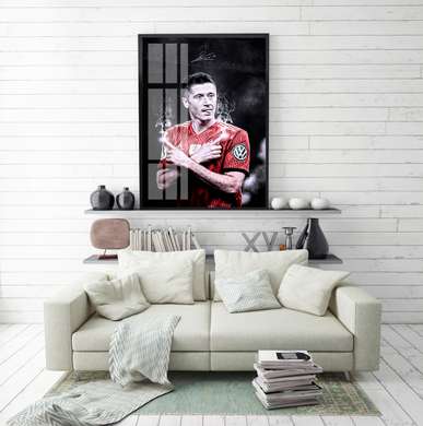 Poster - Joyful soccer player, 45 x 90 см, Framed poster on glass, Sport