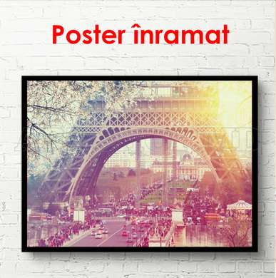 Poster - Eiffel Tower at dawn, 90 x 60 см, Framed poster on glass, Maps and Cities