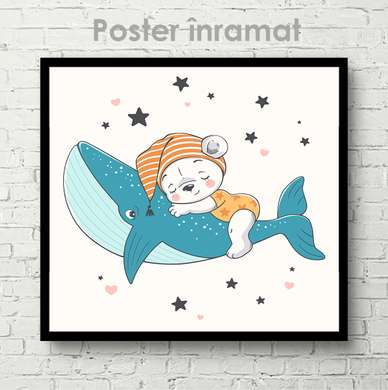 Poster - Cute bear cub on a whale, 40 x 40 см, Canvas on frame, For Kids