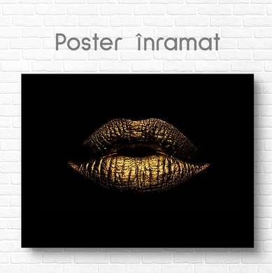 Poster - Golden lips, 90 x 60 см, Framed poster on glass, Glamour