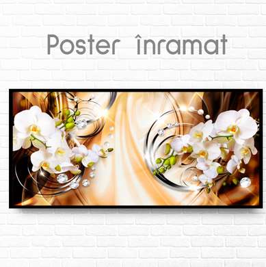 Poster - Orchids on an orange background, 150 x 50 см, Framed poster on glass, Flowers
