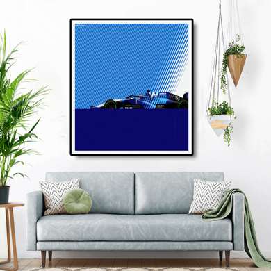 Poster - Formula 1 on a blue background, 100 x 100 см, Framed poster on glass, Transport