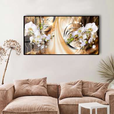 Постер - Орхидеи на оранжевом фоне, 150 x 50 см, Постер на Стекле в раме, Цветы
