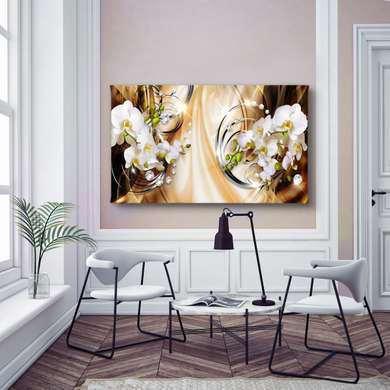 Постер - Орхидеи на оранжевом фоне, 150 x 50 см, Постер на Стекле в раме, Цветы