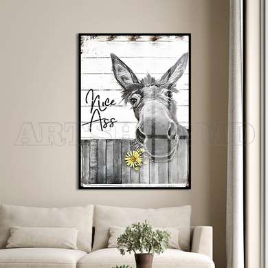 Poster - The donkey with a yellow flower, 30 x 45 см, Canvas on frame, Animals