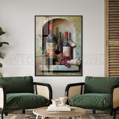 Poster - Cellar with wine bottles, 60 x 90 см, Framed poster on glass, Provence
