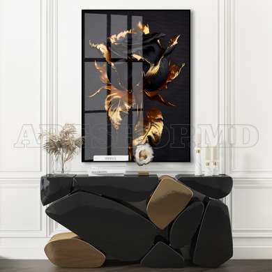 Poster - Black rose with gold, 60 x 90 см, Framed poster on glass, Flowers