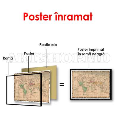 Poster - Harta lumii în stil vechi, 45 x 30 см, Panza pe cadru, Orașe și Hărți