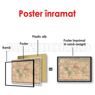 Постер - Карта мира в старином стиле, 90 x 60 см, Постер на Стекле в раме, Города и Карты