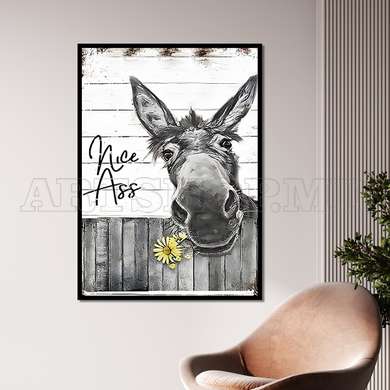 Poster - The donkey with a yellow flower, 60 x 90 см, Framed poster on glass, Animals