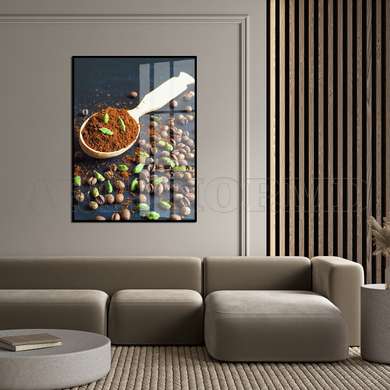 Poster - Ground Black Coffee and Cardamom, 60 x 90 см, Framed poster on glass, Food and Drinks