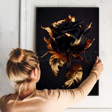 Poster - Black rose with gold, 60 x 90 см, Framed poster on glass, Flowers