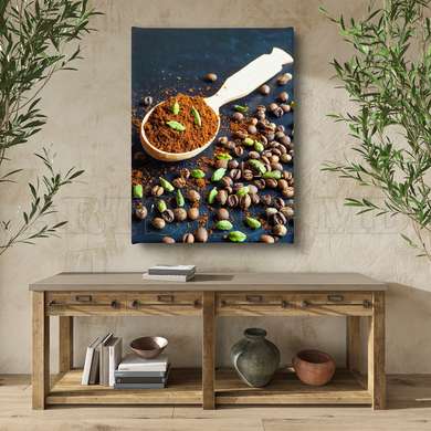 Poster - Ground Black Coffee and Cardamom, 60 x 90 см, Framed poster on glass, Food and Drinks