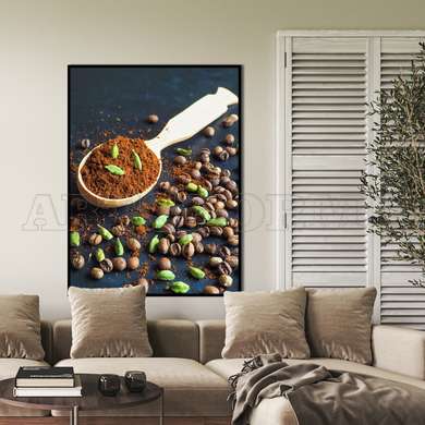 Poster - Ground Black Coffee and Cardamom, 60 x 90 см, Framed poster on glass, Food and Drinks