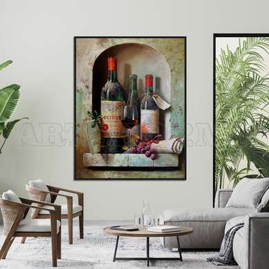 Poster - Cellar with wine bottles, 60 x 90 см, Framed poster on glass, Provence