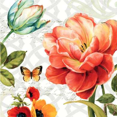 Poster - Compoziție strălucitoare de flori și fluturi, 100 x 100 см, Poster inramat pe sticla
