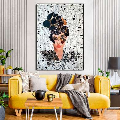 Постер - Гламурная девушка с прической из черных драгоценных камней, 60 x 90 см, Постер на Стекле в раме