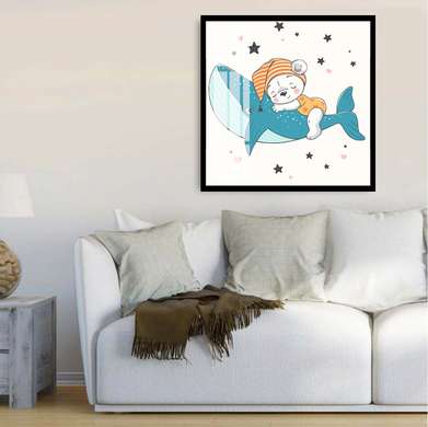 Poster - Ursuleț drăguț de pluș pe balenă, 40 x 40 см, Panza pe cadru, Pentru Copii