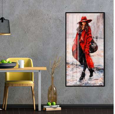 Poster - Fată în palton roșu, 45 x 90 см, Poster inramat pe sticla