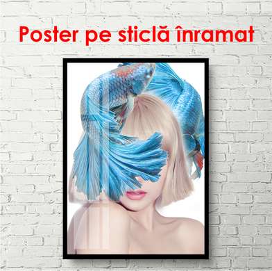 Poster - Fata cu pește albastru pe cap., 60 x 90 см, Poster inramat pe sticla, Minimalism