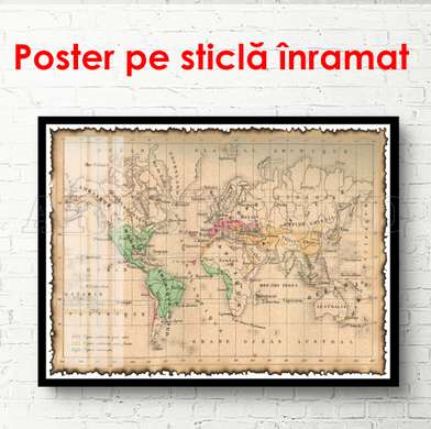 Poster - Harta lumii în stil vechi, 45 x 30 см, Panza pe cadru, Orașe și Hărți