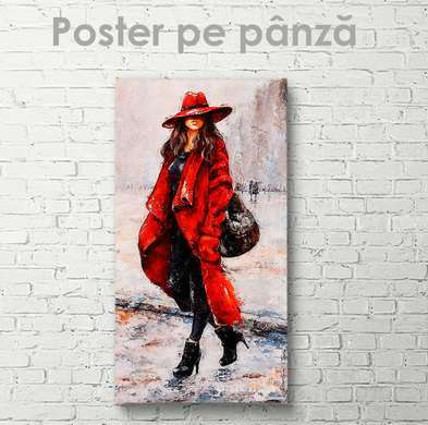 Постер - Девушка в красном пальто, 45 x 90 см, Постер на Стекле в раме, Гламур