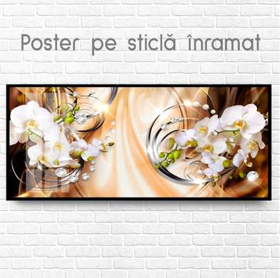Poster - Orchids on an orange background, 150 x 50 см, Framed poster on glass, Flowers