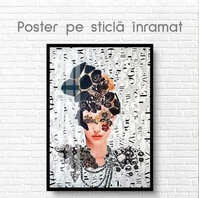 Постер - Гламурная девушка с прической из черных драгоценных камней, 30 x 45 см, Холст на подрамнике