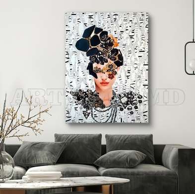 Постер - Гламурная девушка с прической из черных драгоценных камней, 30 x 45 см, Холст на подрамнике, Гламур