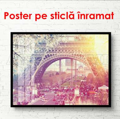 Poster - Turnul Eiffel la răsărit, 90 x 60 см, Poster inramat pe sticla, Orașe și Hărți