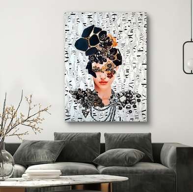 Постер - Гламурная девушка с прической из черных драгоценных камней, 60 x 90 см, Постер на Стекле в раме