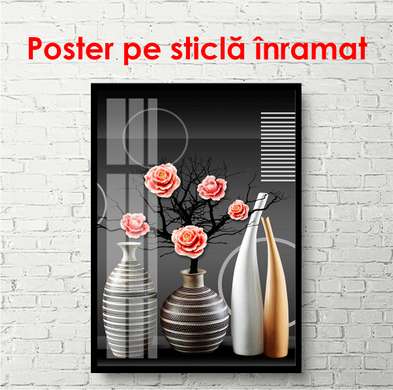 Poster - Natură cu vaze și trandafiri, 60 x 90 см, Poster inramat pe sticla