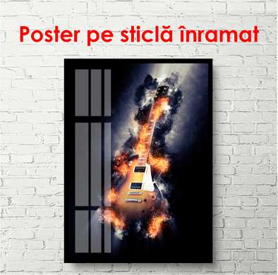 Poster - Black and gold guitar on a black background, 60 x 90 см, Framed poster on glass, Music