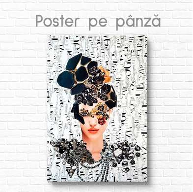 Poster - Fată glamour cu coafură cu pietre negre, 30 x 45 см, Panza pe cadru