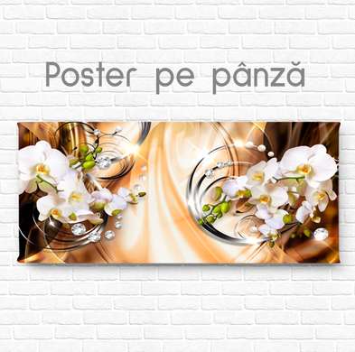 Poster - Orhidee pe fond portocaliu, 150 x 50 см, Poster inramat pe sticla
