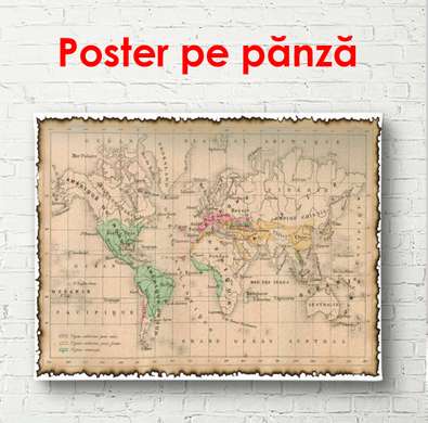 Постер - Карта мира в старином стиле, 45 x 30 см, Холст на подрамнике, Города и Карты
