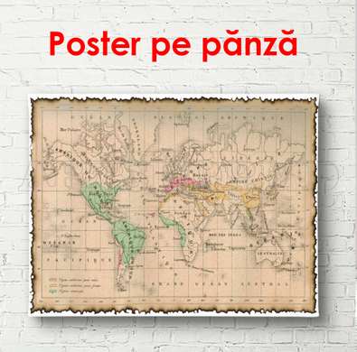 Poster - Harta lumii în stil vechi, 45 x 30 см, Panza pe cadru, Orașe și Hărți