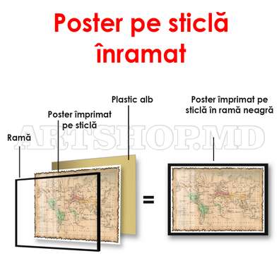 Poster - Harta lumii în stil vechi, 45 x 30 см, Panza pe cadru, Orașe și Hărți