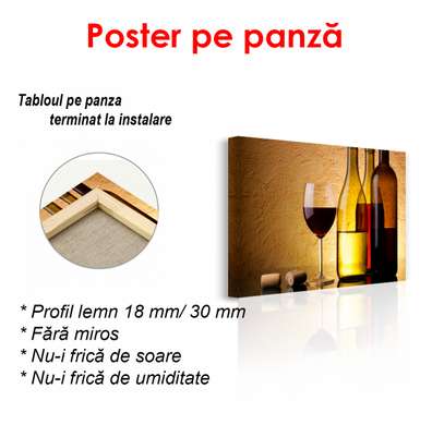 Poster - Glass and bottles of wine on a yellow background, 90 x 60 см, Framed poster, Food and Drinks