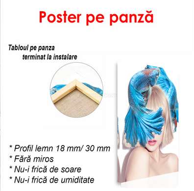 Poster - Fata cu pește albastru pe cap., 60 x 90 см, Poster inramat pe sticla, Minimalism