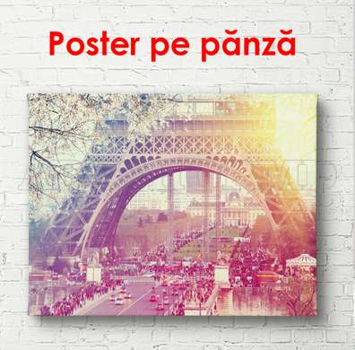 Poster - Eiffel Tower at dawn, 90 x 60 см, Framed poster on glass, Maps and Cities