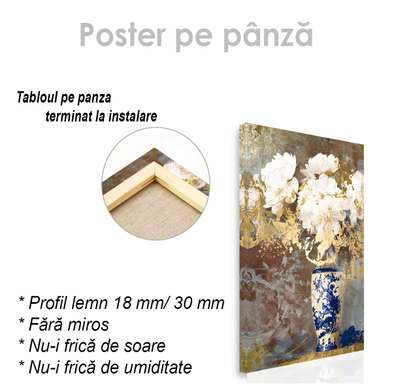 Poster - Bujori albi în vază albastră, 60 x 90 см, Poster inramat pe sticla