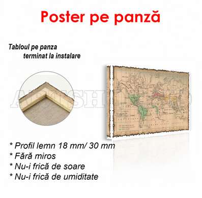 Poster - Harta lumii în stil vechi, 45 x 30 см, Panza pe cadru, Orașe și Hărți